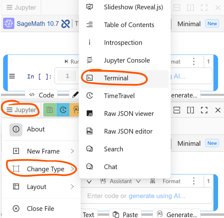 A screenshot showing Jupyter > Change Type > Terminal menu.